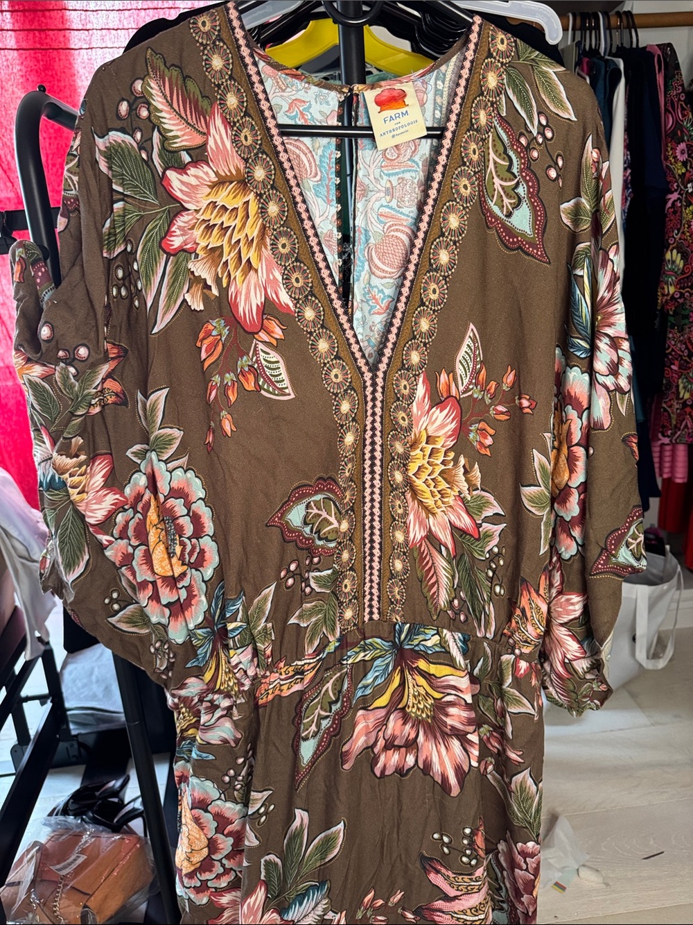 FARM Rio Brown Maxi Dress with Multicolor Floral Print